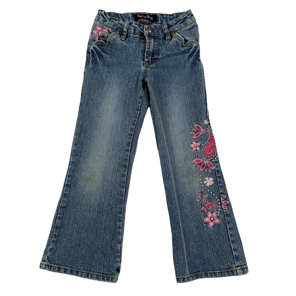 Vintage Y2K Squeeze Girls Blue Denim Jeans Pink Floral Embroidered Flare 6